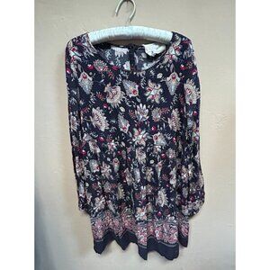 California Moonrise Women's Mini Tunic Dress Medium Long Sleeve Boho Floral Blue